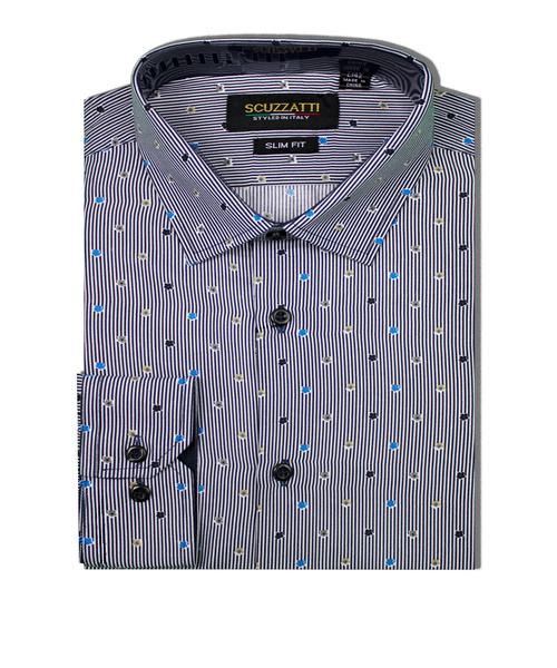 Oscar Slim Shirt Microfibre Navy Pinstripe Floral
