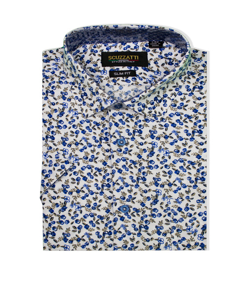 Oscar Short Sleeve Microfibre Shirt Blue Ivory Floral